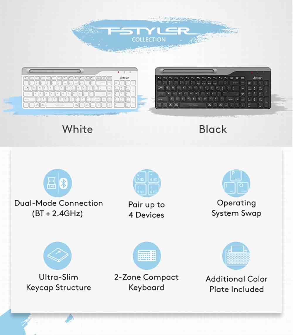 A4Tech FBK25 QuietKey Bluetooth & 2.4G Wireless Keyboard - Switch up to 4 Devices A4Tech FBK25 QuietKey Wireless Keyboard - Connect Up to 4 Devices A4Tech FBK25 QuietKey Bluetooth & 2.4G Wireless Keyboard